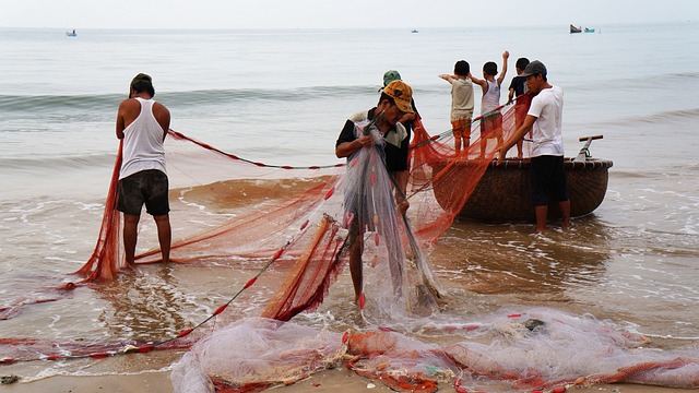 fishermen at the nets in fort kochi beach 